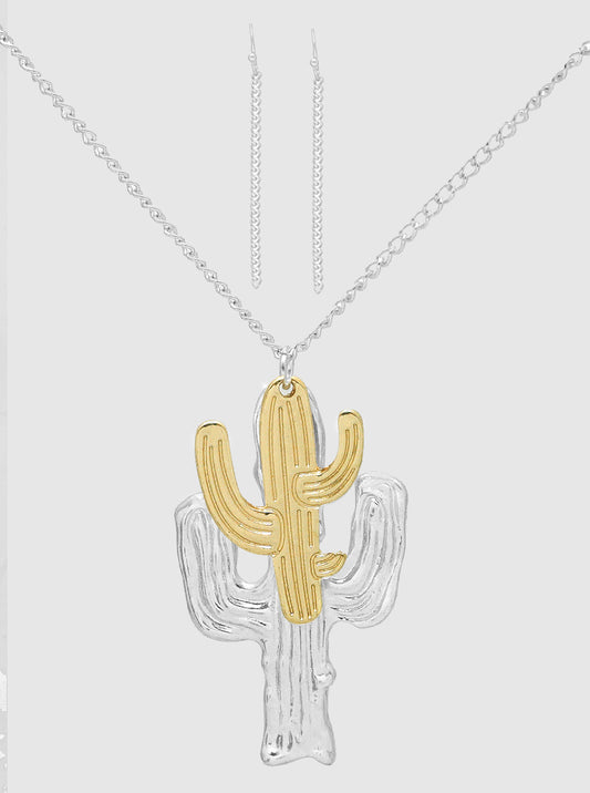 TWO TONE TEXTURED METAL DOUBLE CACTUS PENDANT LONG NECKLACE SET WITH EARRINGS SILVER-MULTI