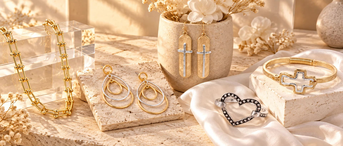 Wild Honey jewelry styled on a table