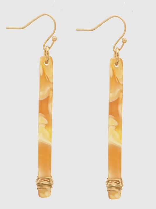 WIRE WRAPPED ACETATE RECTANGLE EARRINGS GOLD ORANGE WORN GOLD-YELLOW